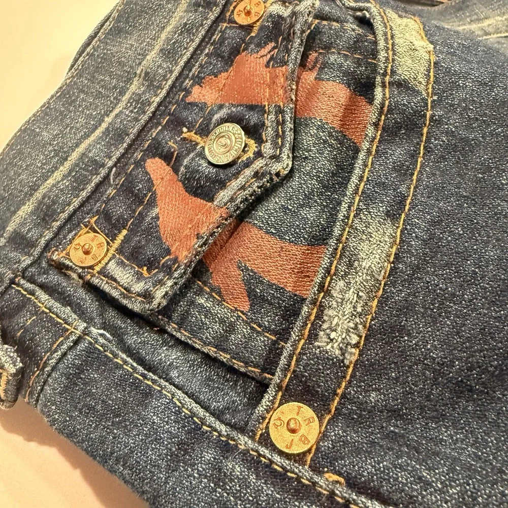 Y2K True Religion World Tour Straight Baggy Red Paint Pocket Jeans Men's Sz 42‎